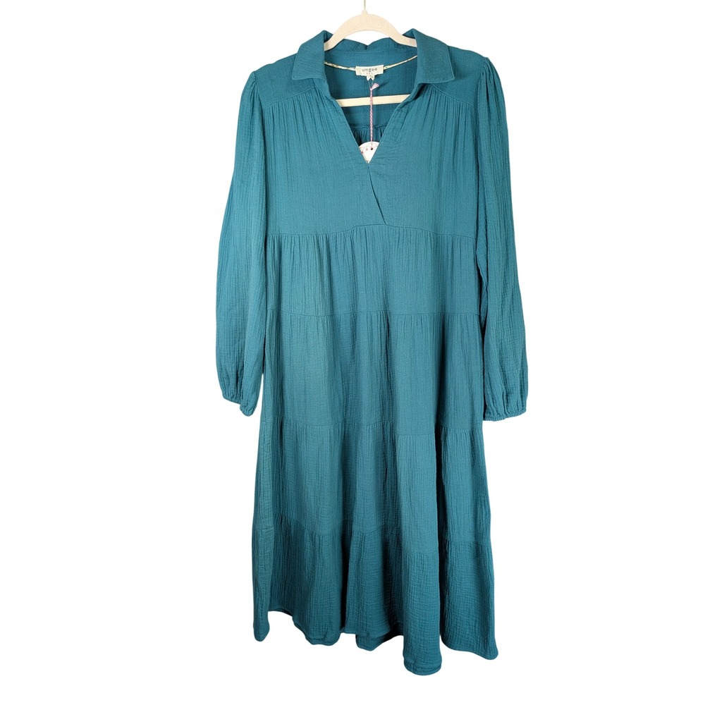 Umgee Dress Womens S Teal Blue Cotton Gauze Tiered Midi Dress Split V-Neck New